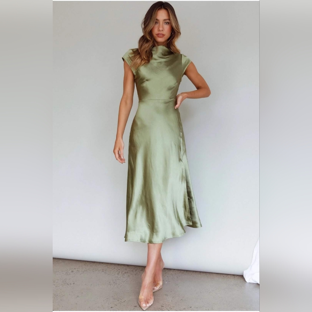 Elegant Sage/Olive Green Satin Dress